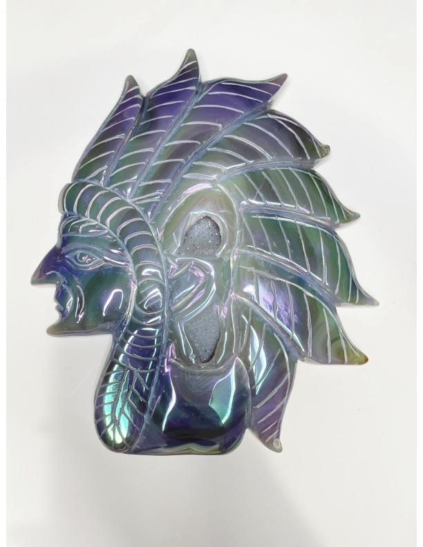 Hand-carved aura druzy agate face with a feathered headdress