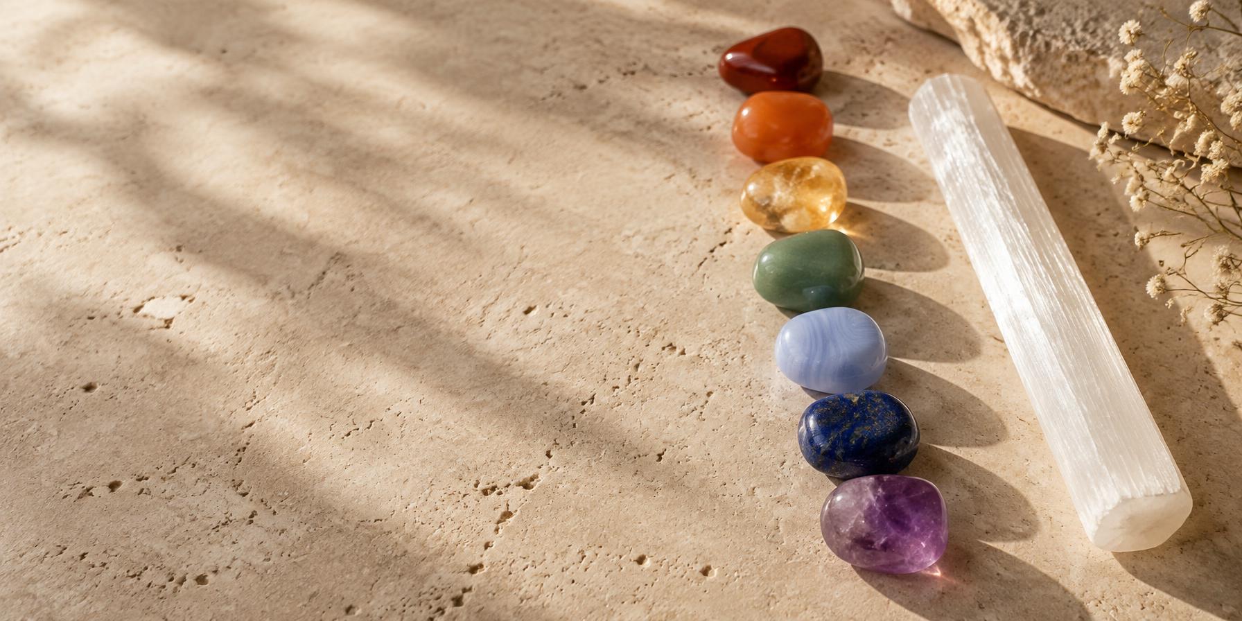 Seven chakra crystals in a line beside a selenite wand on travertine